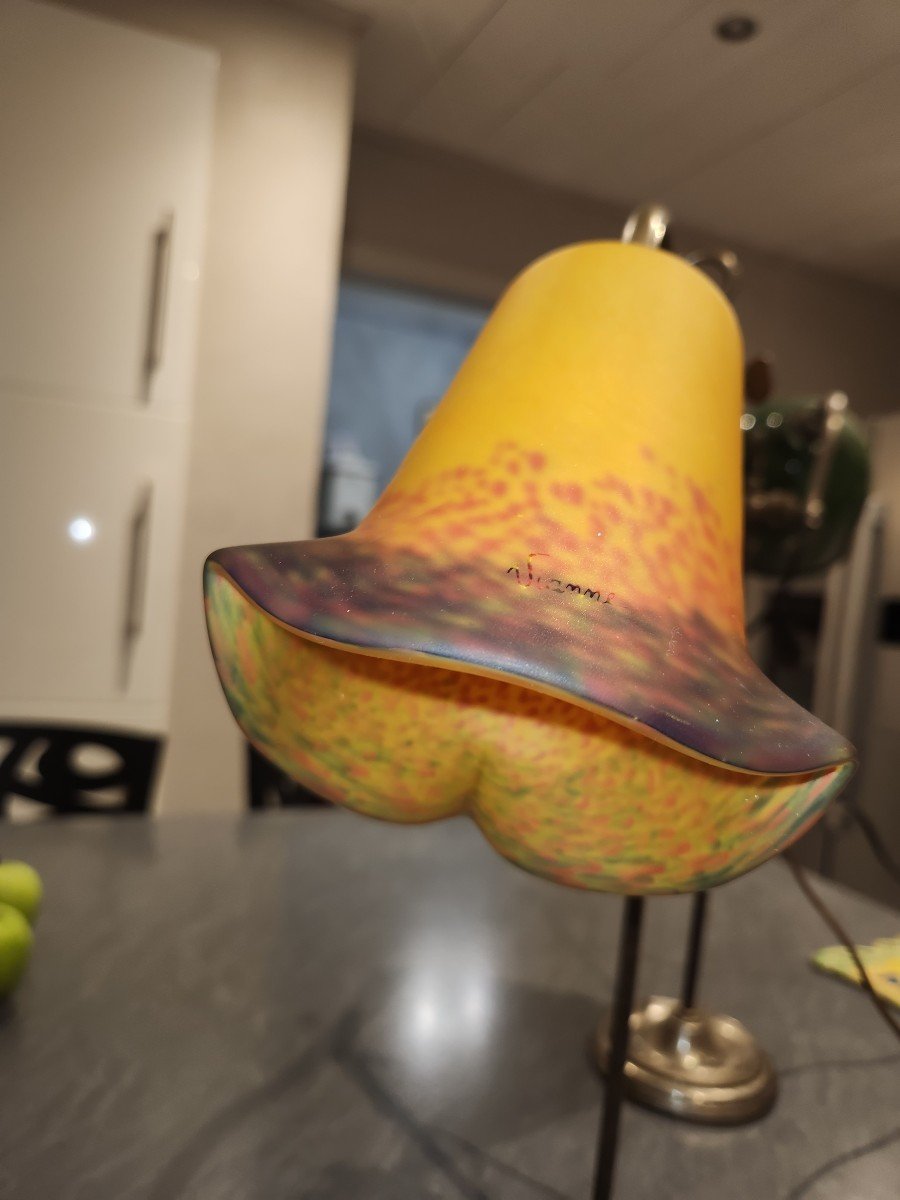 Lampe De Bureau Des Années 30 En Laiton Et Sa Tulipe En Pâte De Verre-photo-4