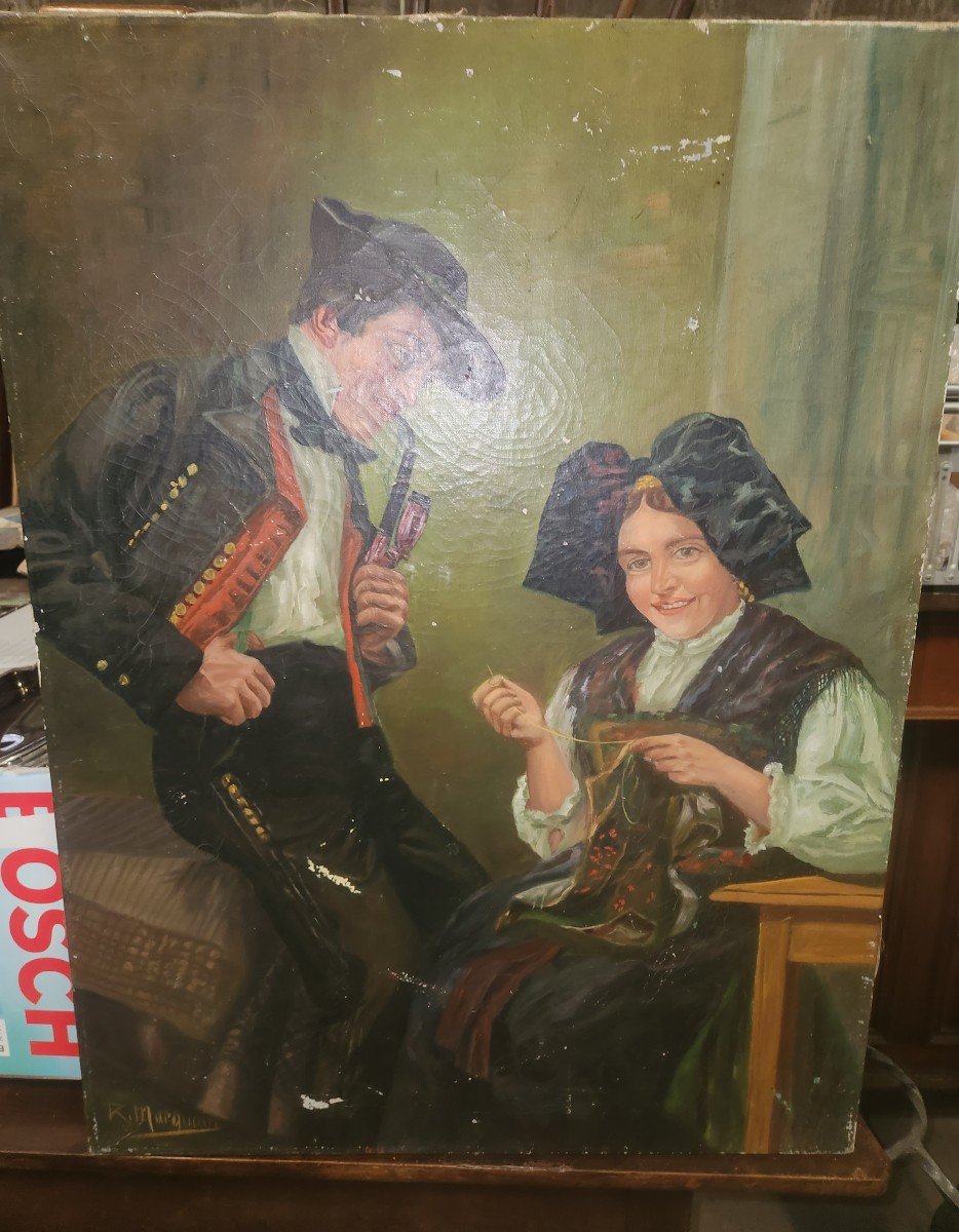 Oil On Canvas 19th Century Representing An Alsatian Couple 