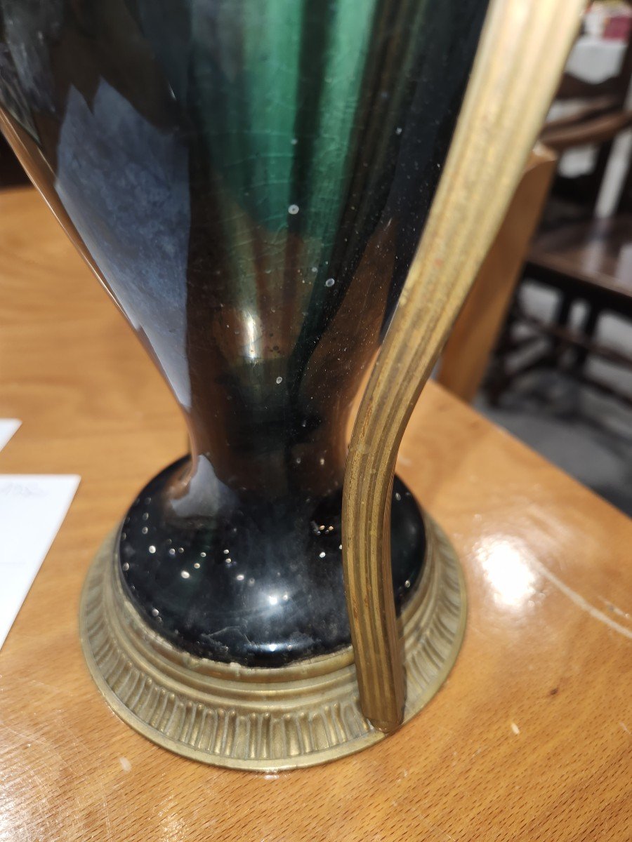 Baluster-shaped Vase In Shaded Green Earthenware And Brass, Early 20th Century -photo-3