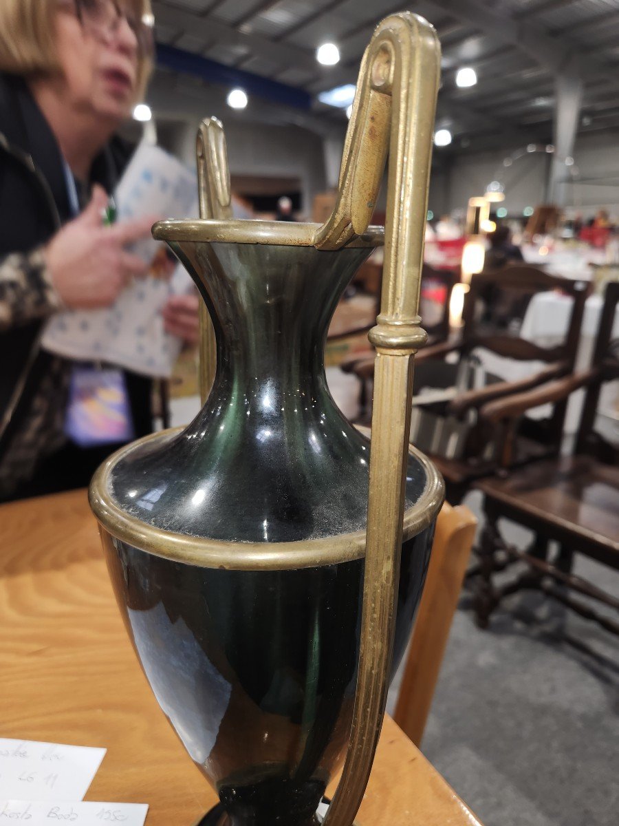 Baluster-shaped Vase In Shaded Green Earthenware And Brass, Early 20th Century -photo-4