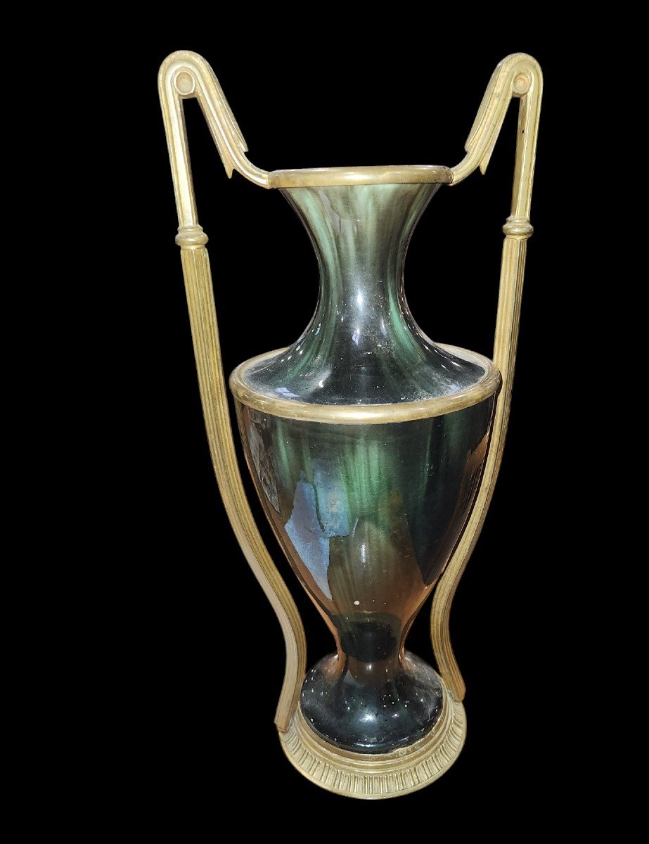 Baluster-shaped Vase In Shaded Green Earthenware And Brass, Early 20th Century 