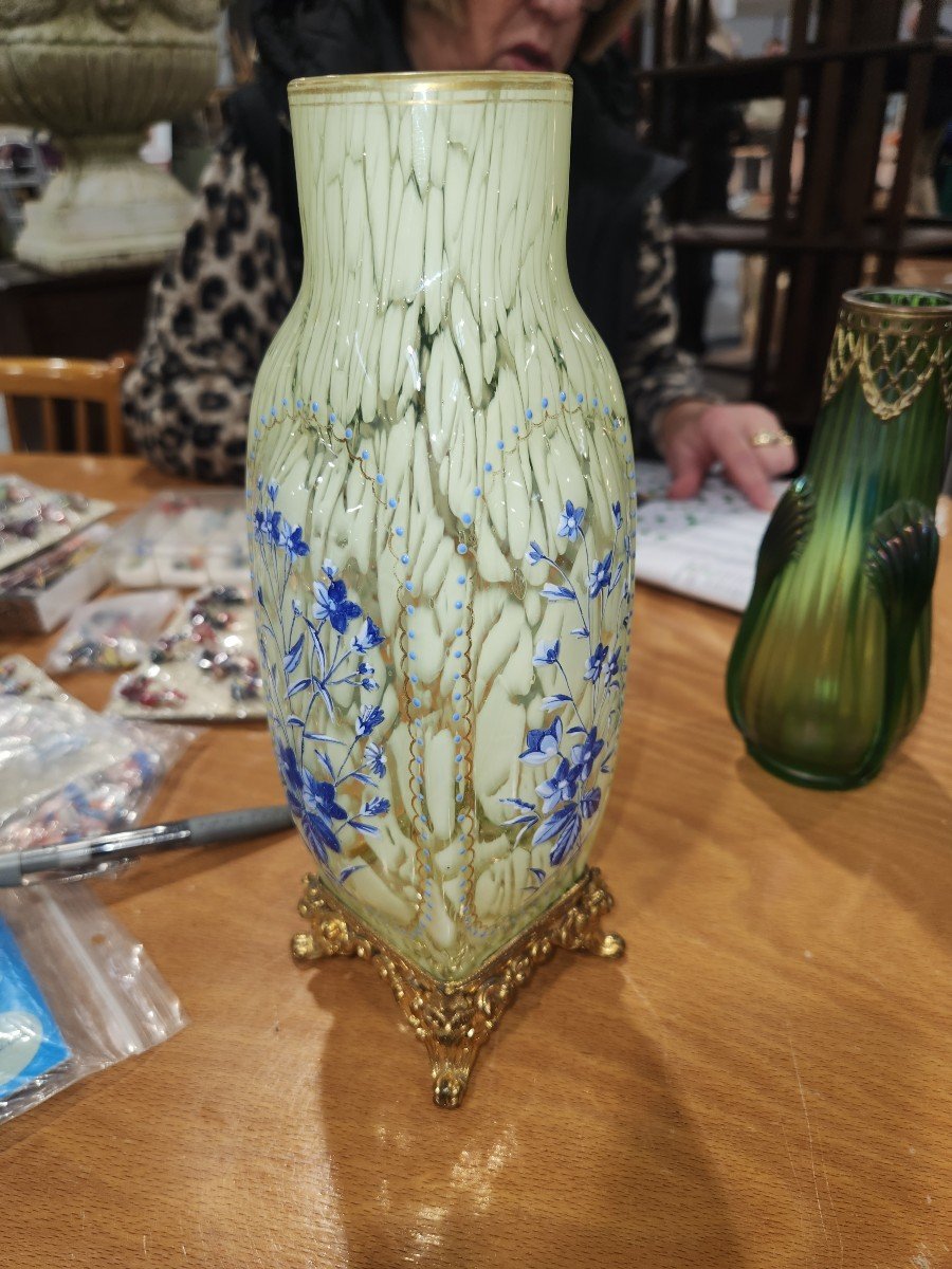 Art Nouveau Vase In Enamelled Glass Paste And Bronze Frame-photo-3