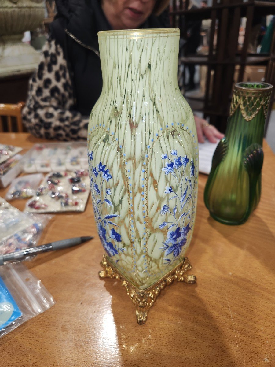 Art Nouveau Vase In Enamelled Glass Paste And Bronze Frame-photo-4