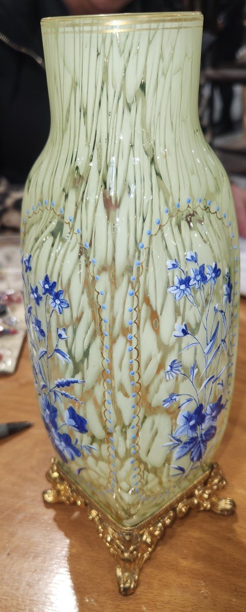 Art Nouveau Vase In Enamelled Glass Paste And Bronze Frame