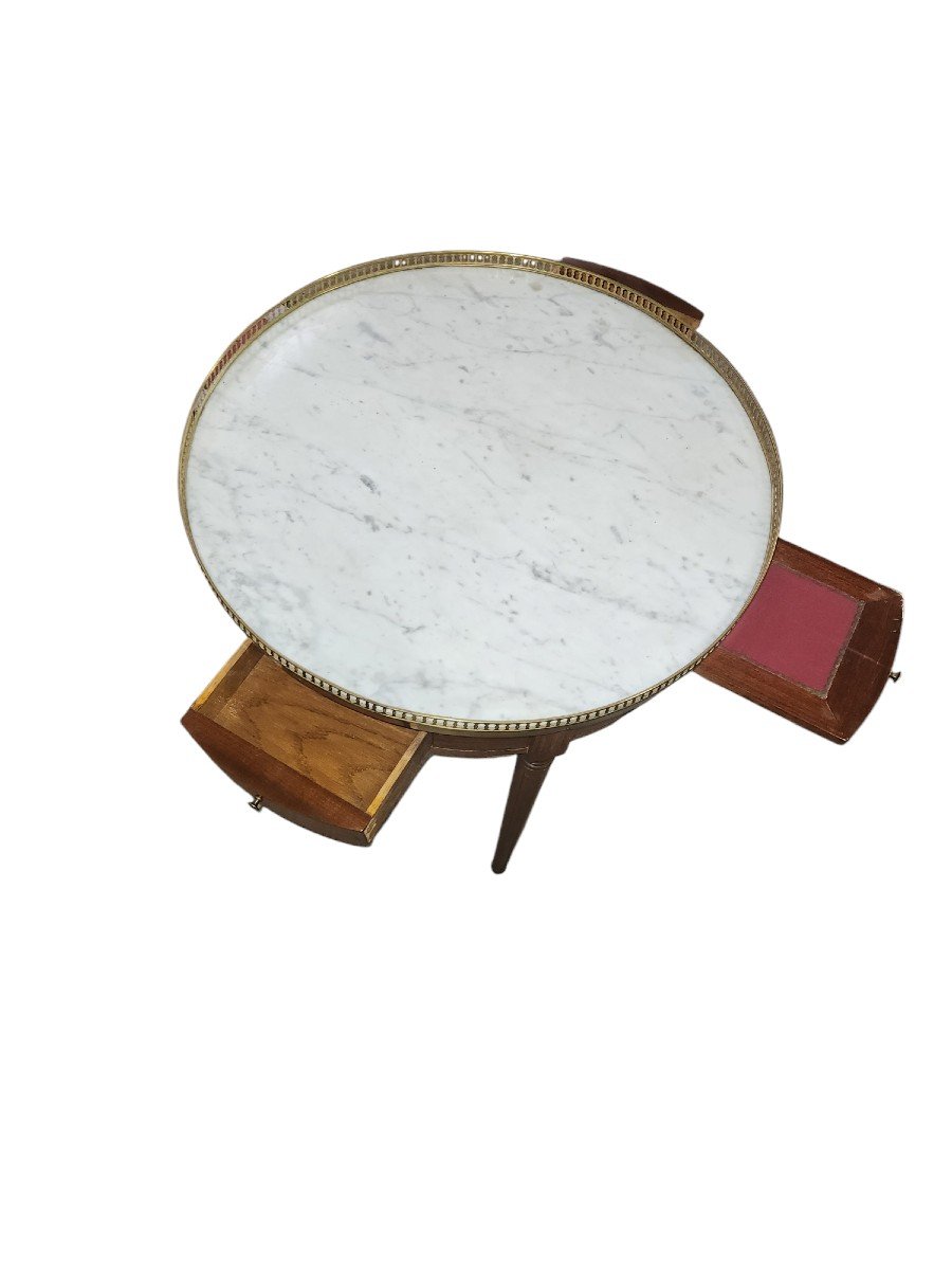 Early 20th Century Bouillotte Table In Mahogany White Marble Top With Brass Trim -photo-4