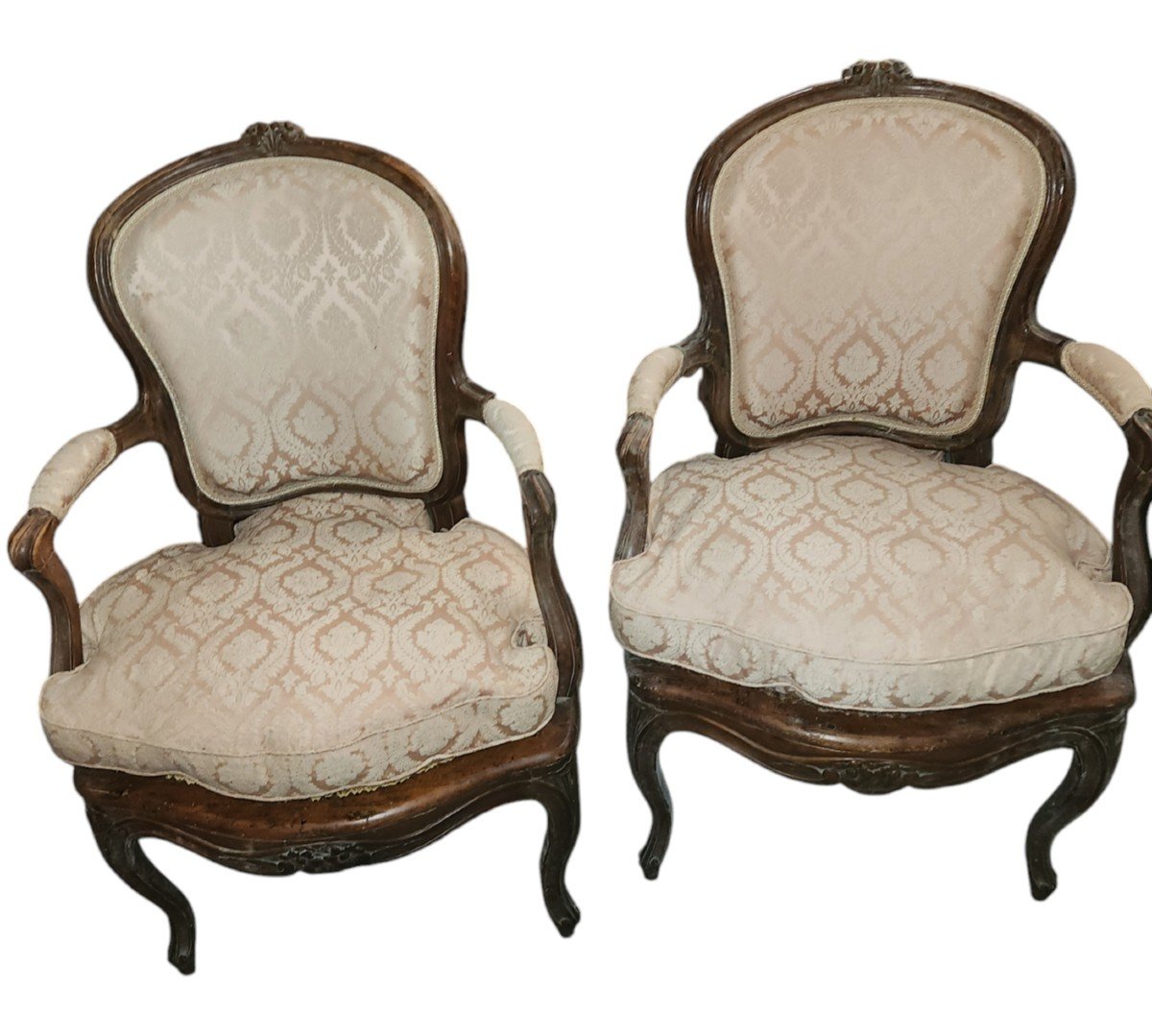 Pair Of Louis XV Cabriolets In Walnut, 18th Century, Caned Seats 