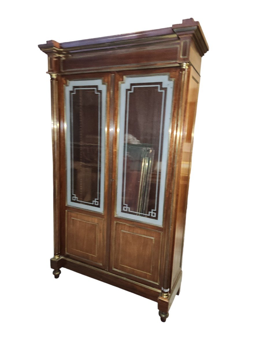 Louis XVI Bookcase In Mahogany And Numerous Brass Moldings Frosted Glass-photo-2