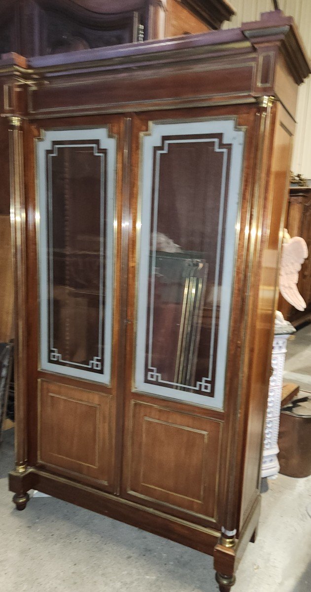 Louis XVI Bookcase In Mahogany And Numerous Brass Moldings Frosted Glass