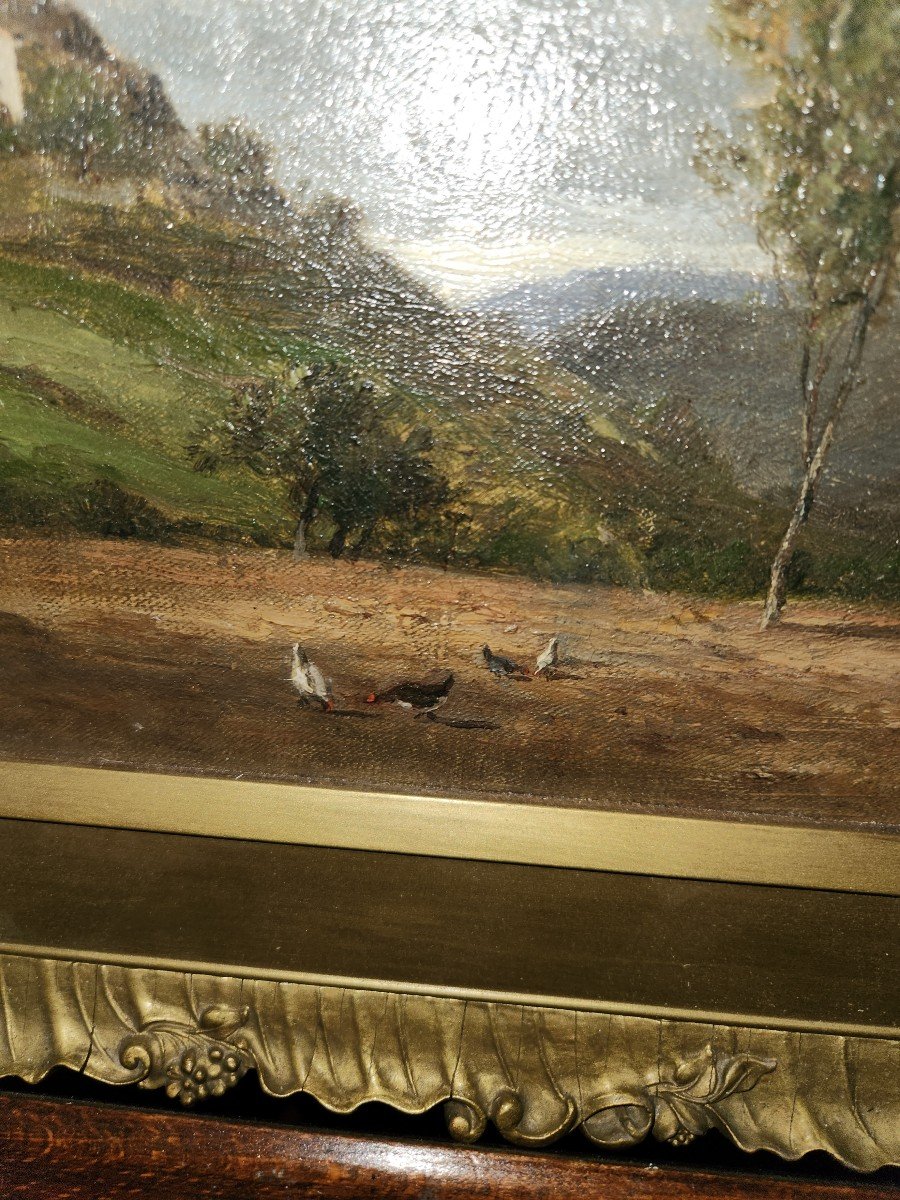 Oil On Canvas From The 2nd Part Of The 19th Century. In The Foreground, Pecking Hens.-photo-3