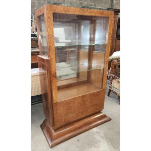 Art Deco Display Cabinet In Walnut And Loup With Green Marble Top 