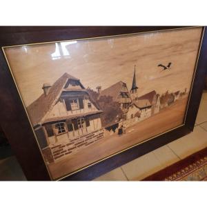 Spindler Marquetry Painting Rue De Obermodern Framed And Under Glass