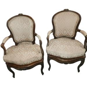 Pair Of Louis XV Cabriolets In Walnut, 18th Century, Caned Seats 