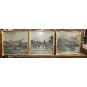 3 Tableaux Japonais Sur Tisssu ou toile Début 20eme 