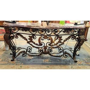 Very Imposing Louis XV Wrought Iron Console From The 30s With Marble Top