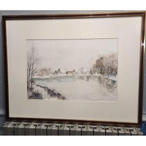 Watercolor By Maurice Colin Depicting A Snowy Village 