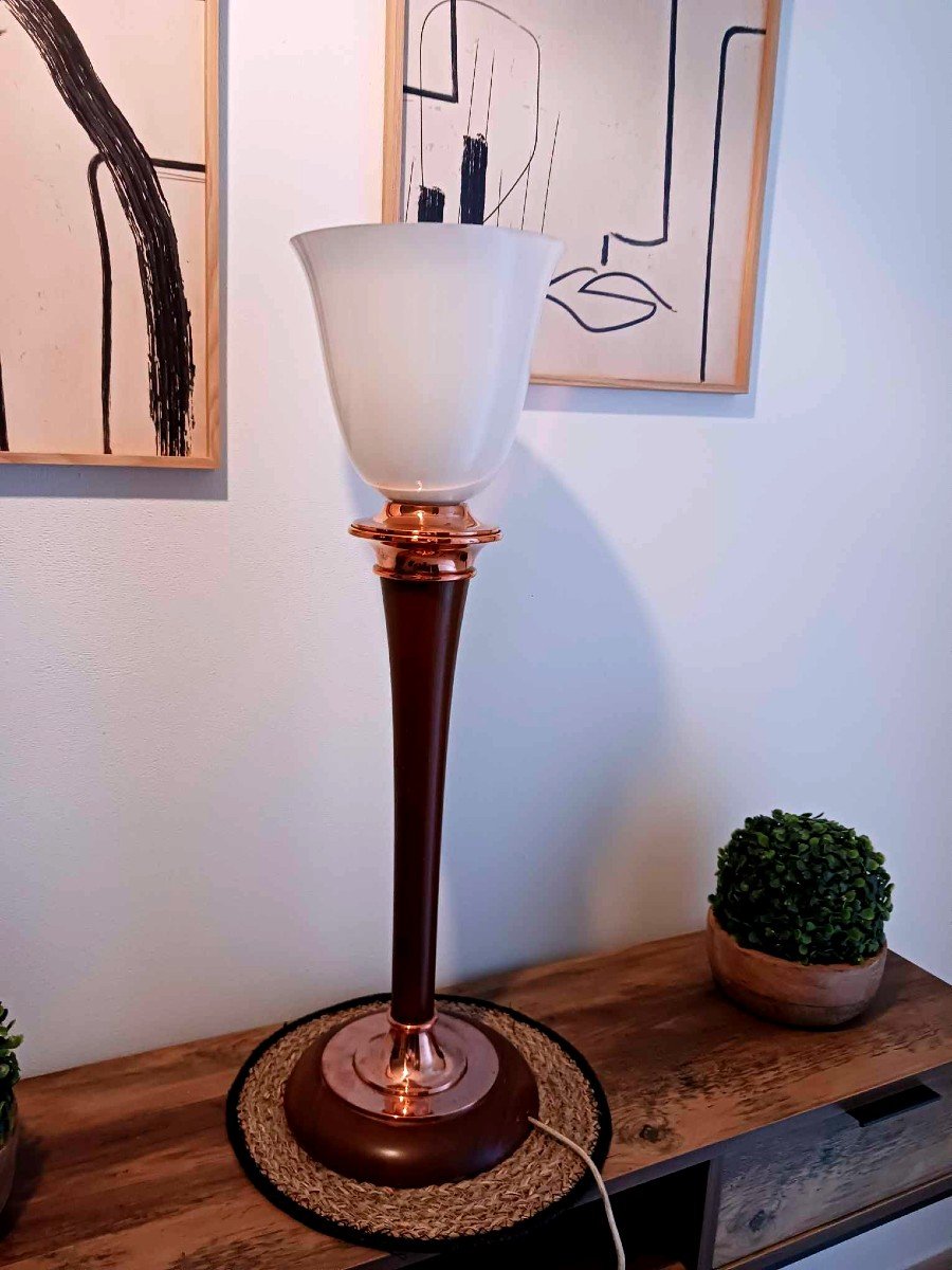 grande Lampe art déco fer forgé tulipe pâte de verre début XX eme