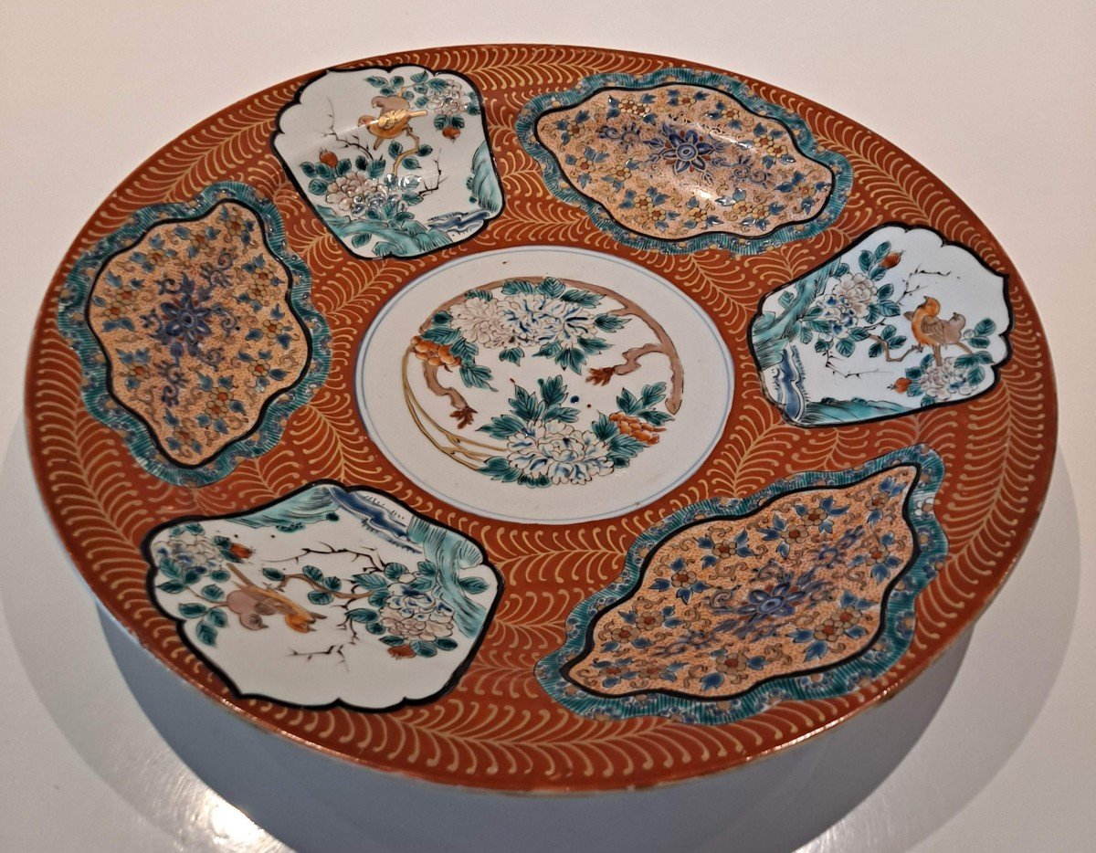 Japon - Grand Plat En Porcelaine Décor d'Oiseaux Branchés 43 Cm