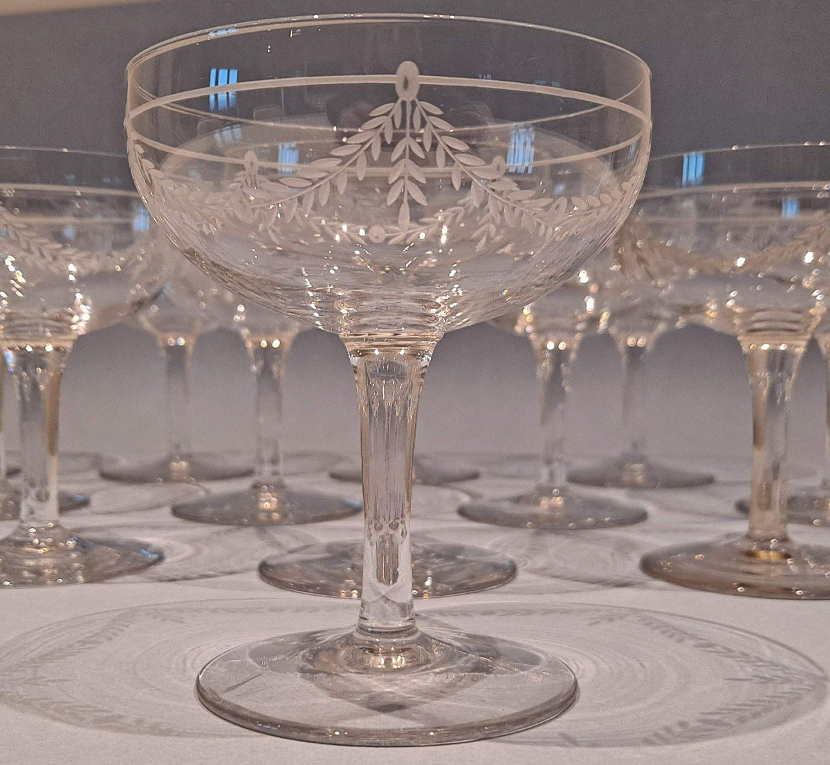 Set Of 12 Crystal Champagne Glasses With Engraved Garland Decor, Early 20th Century