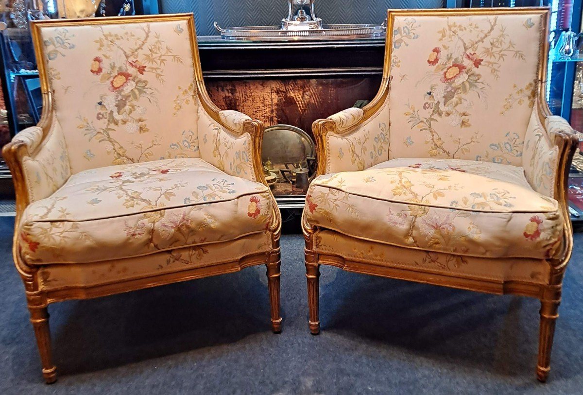 Pair Of Louis XVI Style Gilded Wood Bergeres