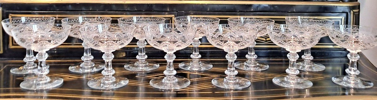 12 Engraved Crystal Champagne Glasses