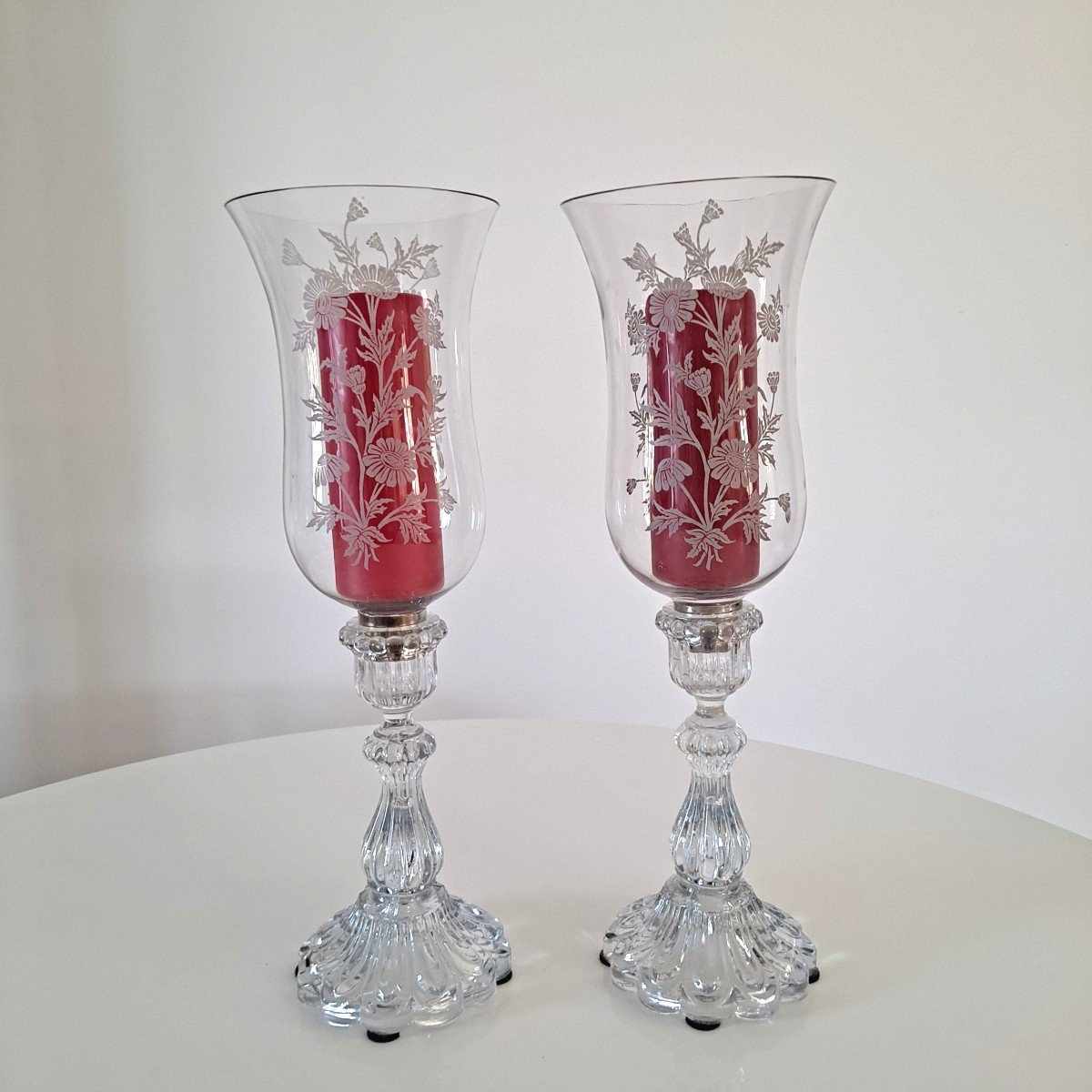 Pair Of Engraved Crystal Candle Holders