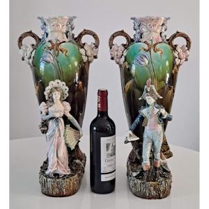 Pair Of 19th Century Barbotine Vases Decorated With Characters