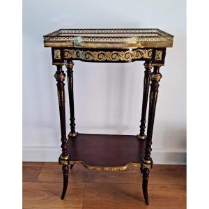 Petite Console Napoléon III En Bois Noirci Marqueterie De Laiton à Décor Végétal