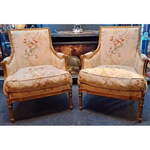 Pair Of Louis XVI Style Gilded Wood Bergeres