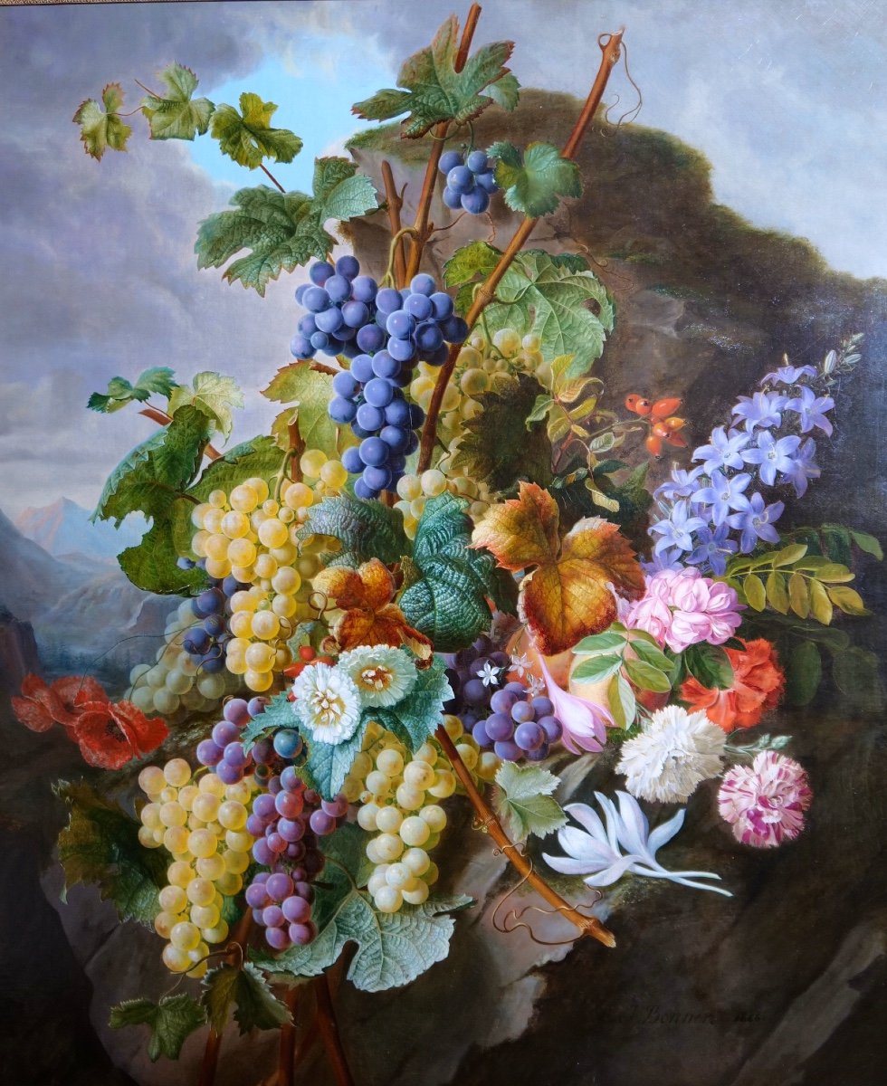 Exceptionnel Tableau De Jean Benner-fries "nature Morte Aux Fleurs Et Raisins Dans Un Paysage" -photo-2