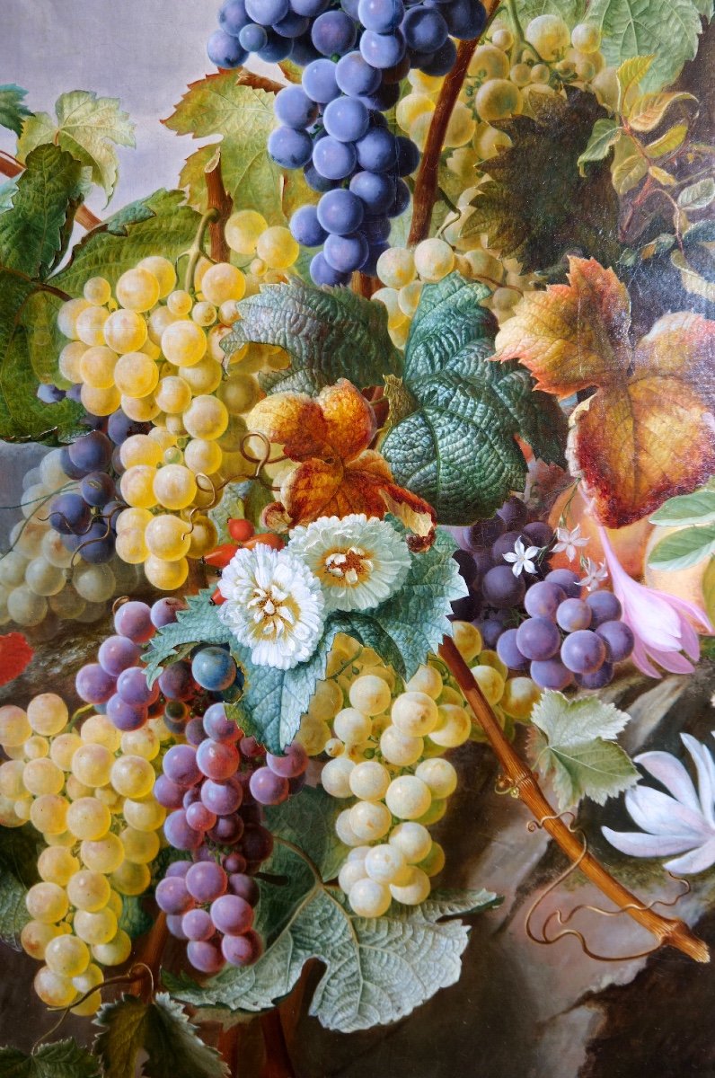 Exceptionnel Tableau De Jean Benner-fries "nature Morte Aux Fleurs Et Raisins Dans Un Paysage" -photo-3