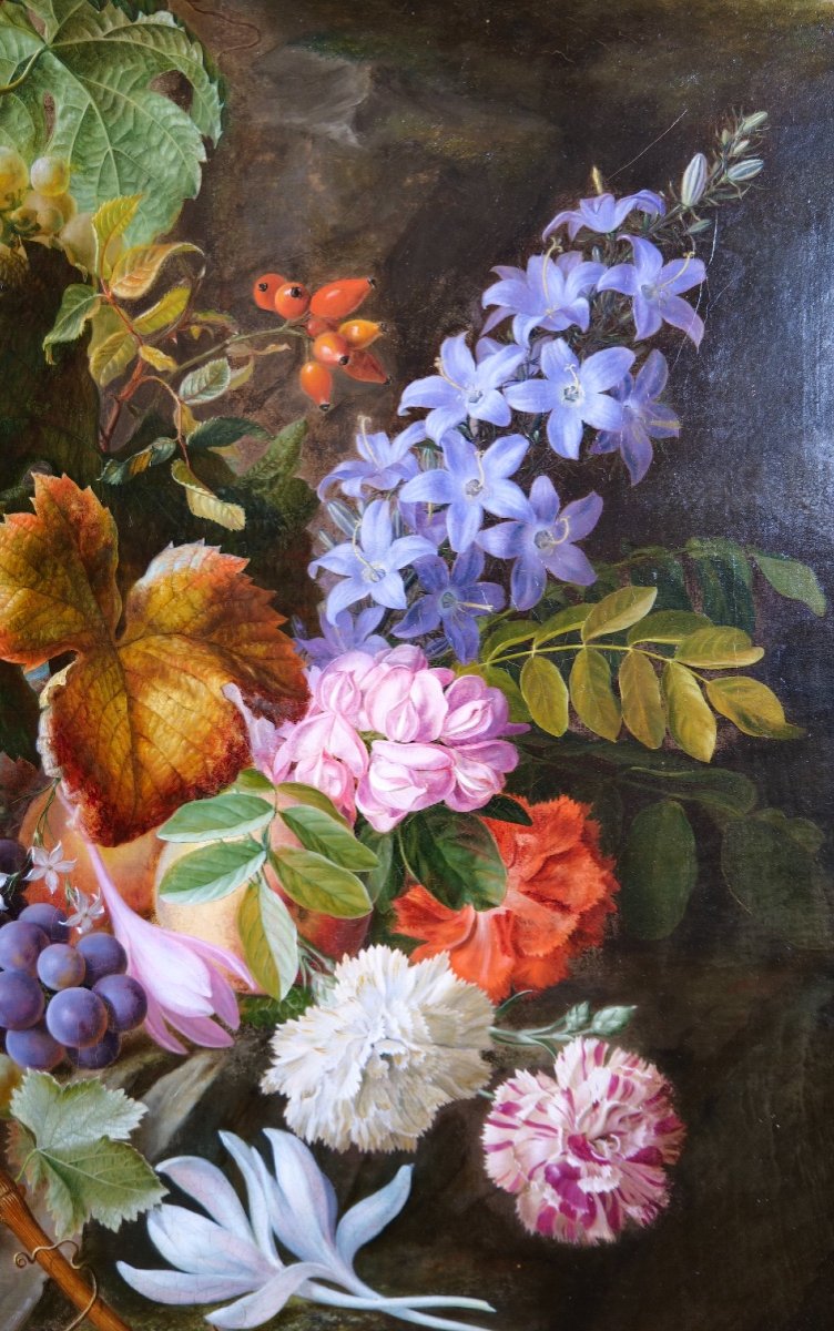 Exceptional Painting By Jean Benner-fries "still Life With Flowers And Grapes In A Landscape" -photo-4
