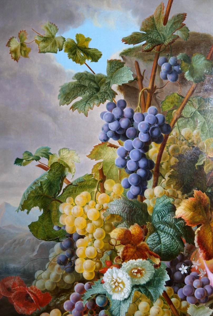 Exceptionnel Tableau De Jean Benner-fries "nature Morte Aux Fleurs Et Raisins Dans Un Paysage" -photo-1