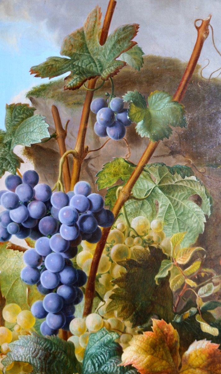 Exceptional Painting By Jean Benner-fries "still Life With Flowers And Grapes In A Landscape" -photo-3
