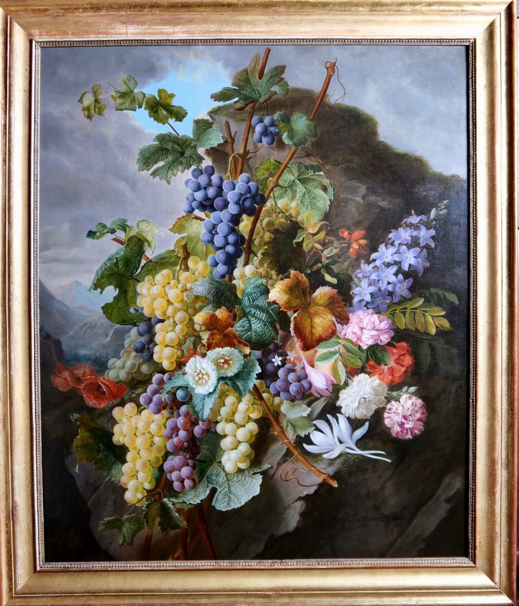 Exceptional Painting By Jean Benner-fries "still Life With Flowers And Grapes In A Landscape" 