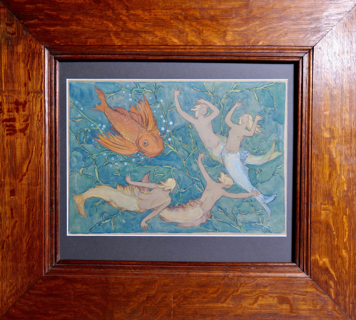 Ernst Kreidolf (1863 - 1956) "sirènes Et Poissons Rouges" Aquarelle - Suisse - Bern-photo-2