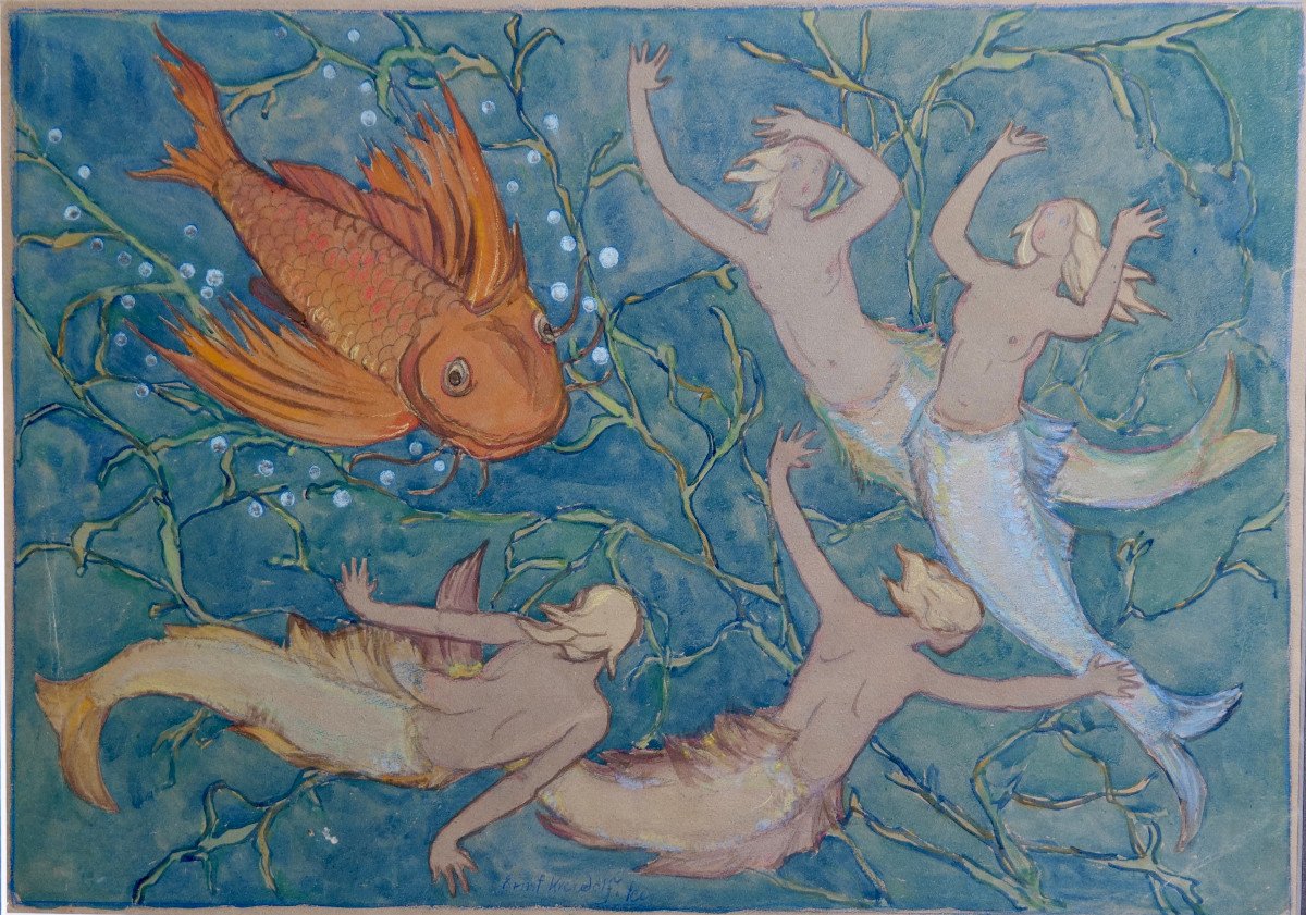 Ernst Kreidolf (1863 - 1956) "sirènes Et Poissons Rouges" Aquarelle - Suisse - Bern