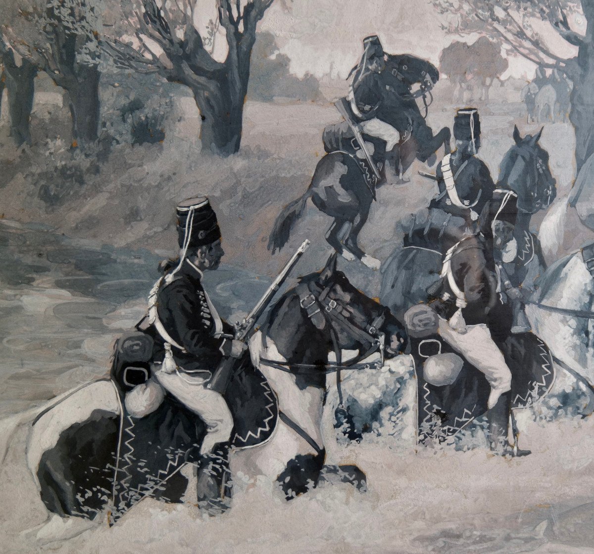 Victor Huen "soladts Napoléniens Traversant La Rivière"grande Gouache - Milirariat - Napoleon-photo-2