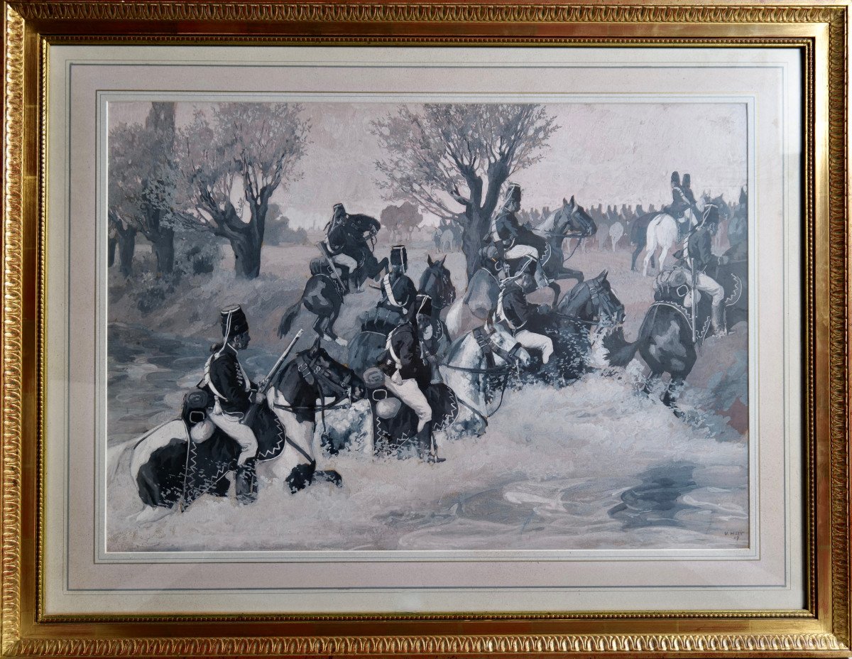 Victor Huen "soladts Napoléniens Traversant La Rivière"grande Gouache - Milirariat - Napoleon-photo-4