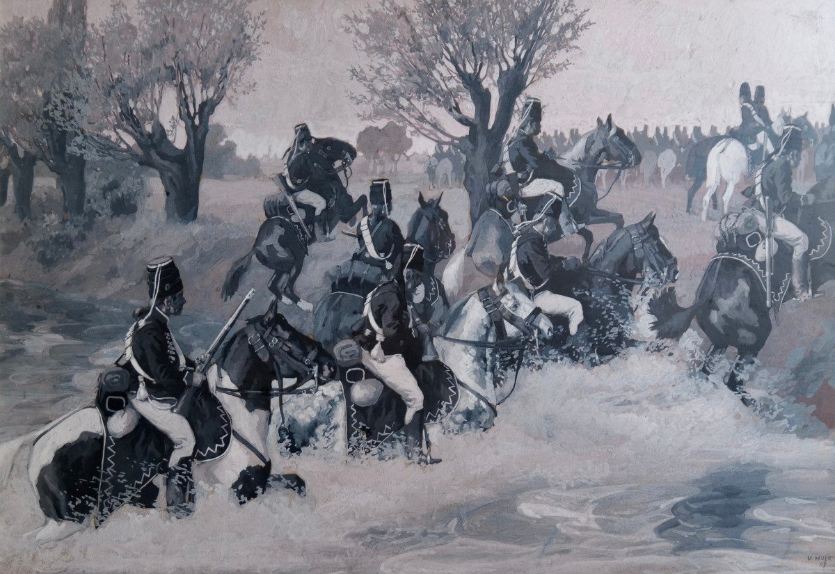 Victor Huen "soladts Napoléniens Traversant La Rivière"grande Gouache - Milirariat - Napoleon