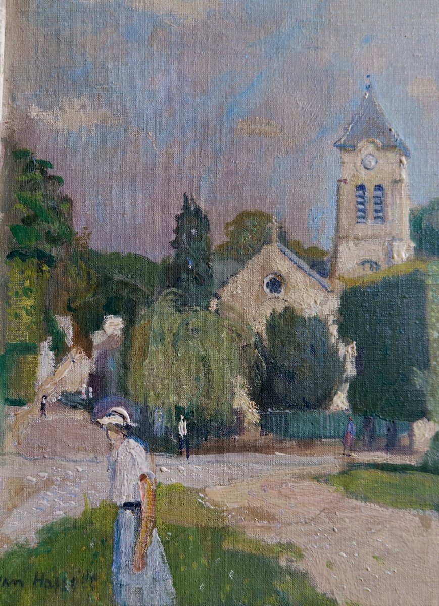 Tableau de Willem Van Hasselt (1882 - 1963) "paysage Animé Avec Une église" -photo-3