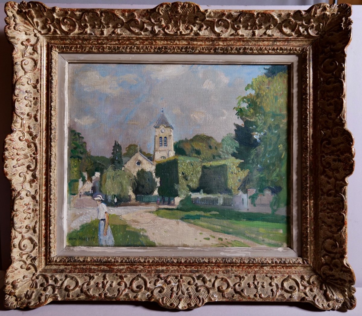 Tableau de Willem Van Hasselt (1882 - 1963) "paysage Animé Avec Une église" 