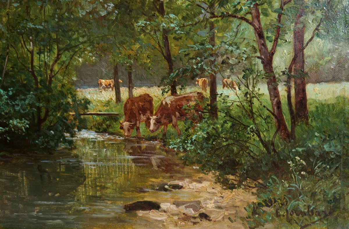 Emile Isenbart (1846 - 1921) - Painting - Farm And Cows On The Banks Of A Stream --photo-3