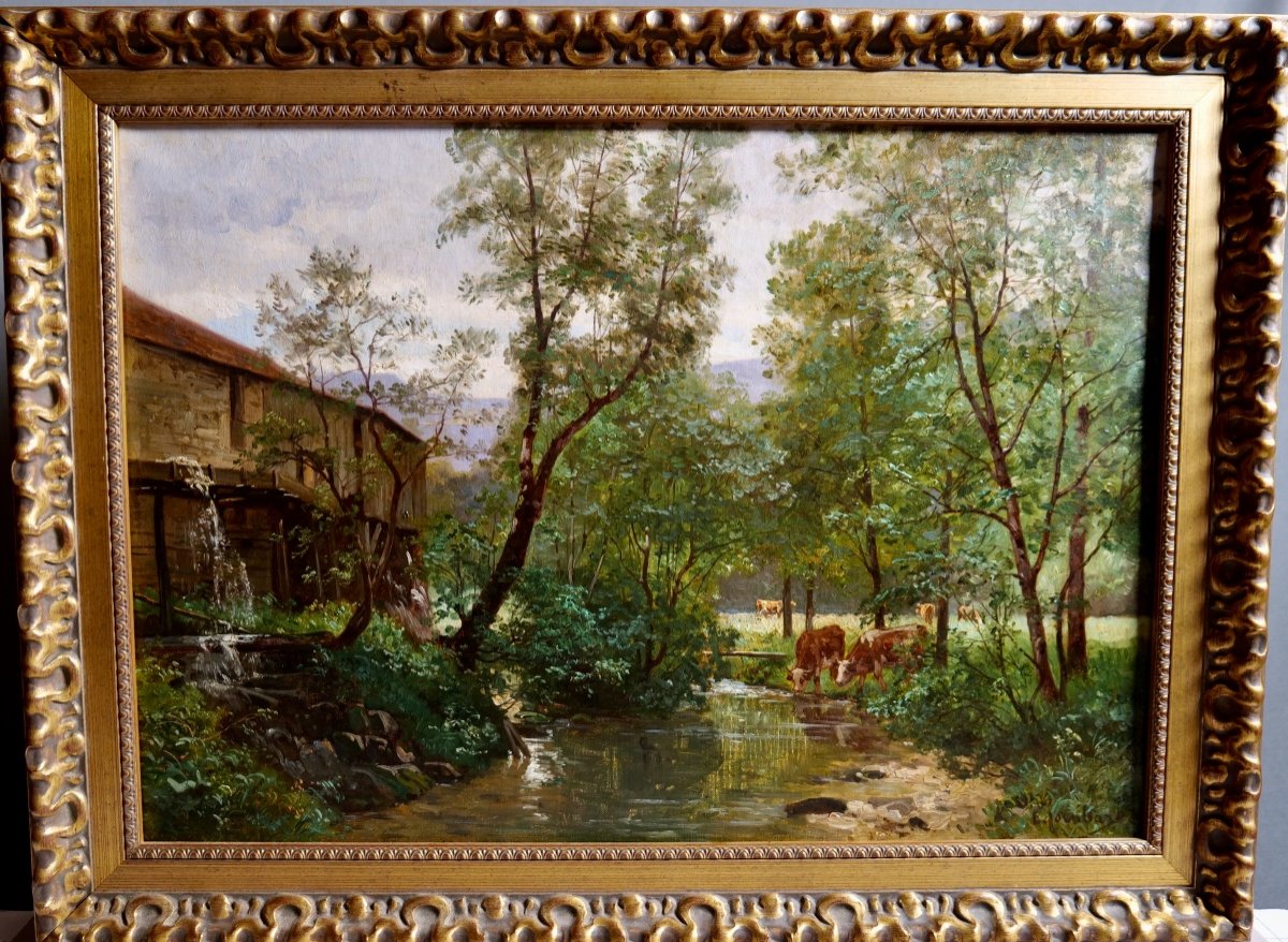 Emile Isenbart (1846 - 1921) - Painting - Farm And Cows On The Banks Of A Stream --photo-1