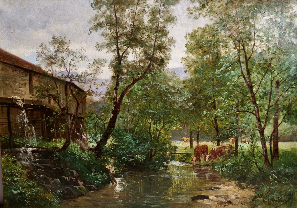 Emile Isenbart (1846 - 1921) - Painting - Farm And Cows On The Banks Of A Stream -