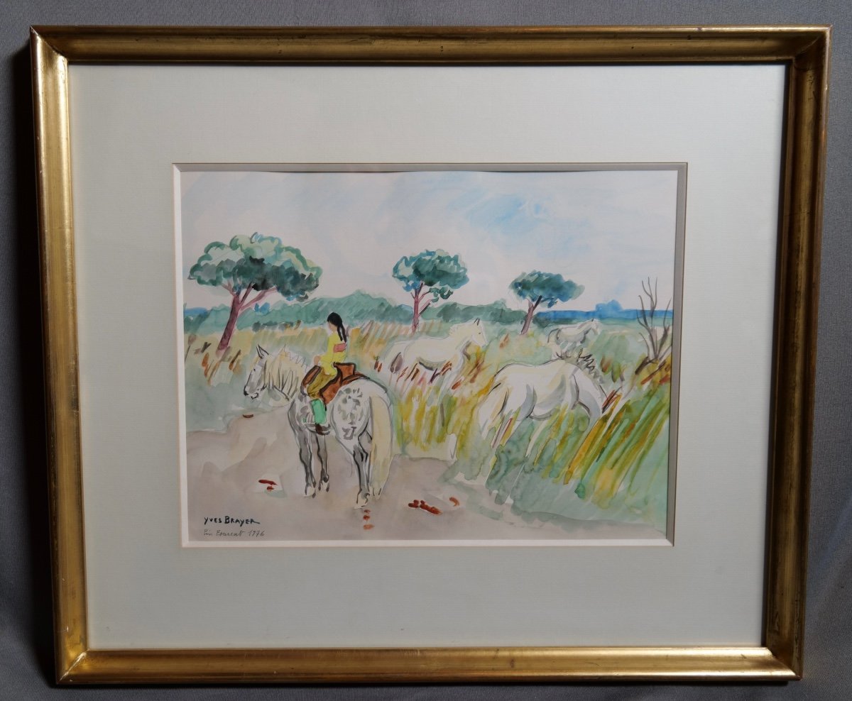 Yves Brayer (1907 - 1990) "little Horsewoman At Pin Fourcat (camargue)" Original Watercolor -photo-2