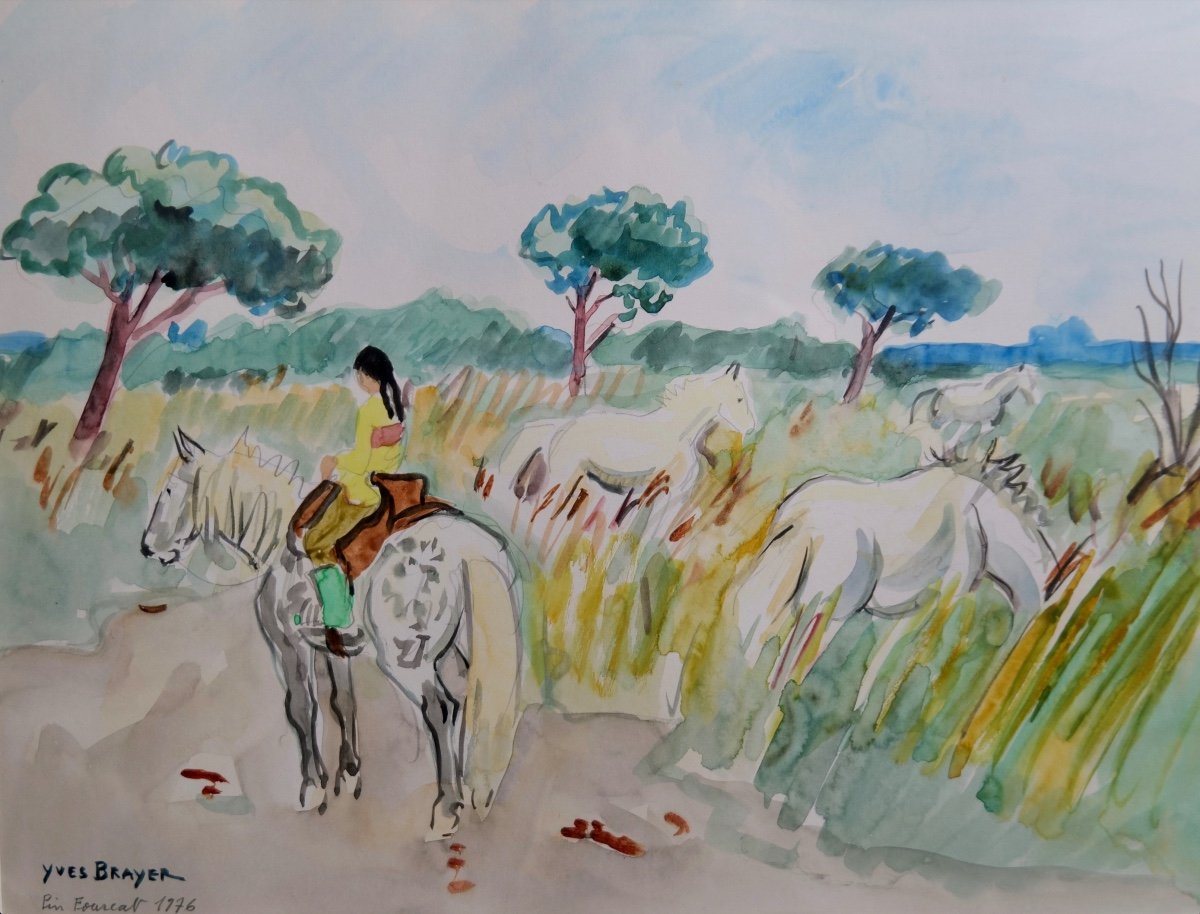 Yves Brayer (1907 - 1990) "little Horsewoman At Pin Fourcat (camargue)" Original Watercolor 