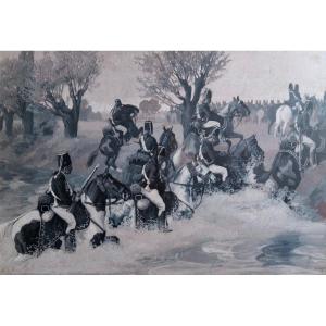 Victor Huen "soladts Napoléniens Traversant La Rivière"grande Gouache - Milirariat - Napoleon