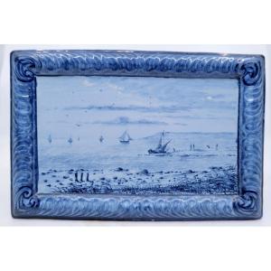 Emile Gallé (1846 - 1904) - Earthenware Tile "landscape With Boats" Circa 1890 - Nancy