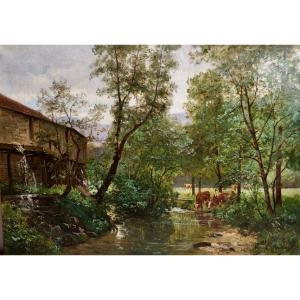 Emile Isenbart (1846 - 1921) - Tableau - Ferme Et Vaches Au Bord d'Un Ruisseau -