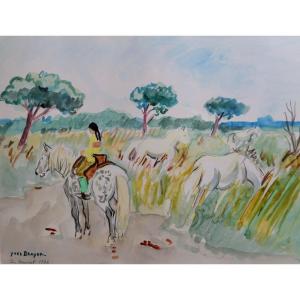 Yves Brayer (1907 - 1990) "petite Cavalière à Pin Fourcat (camargue)" Aquarelle Originale 